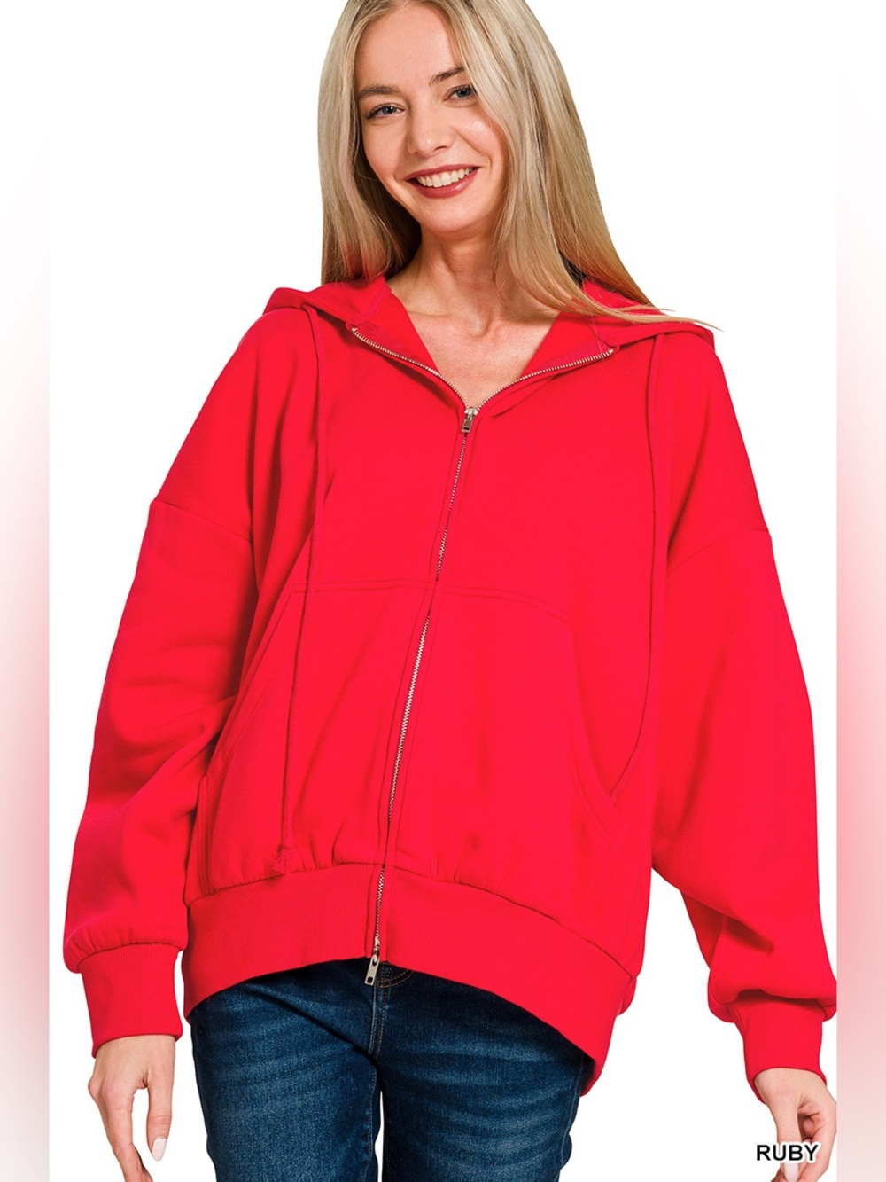 Zenana Ruby Fleece Zip-Up Hoodie with Pockets - Picture 3 of 3
